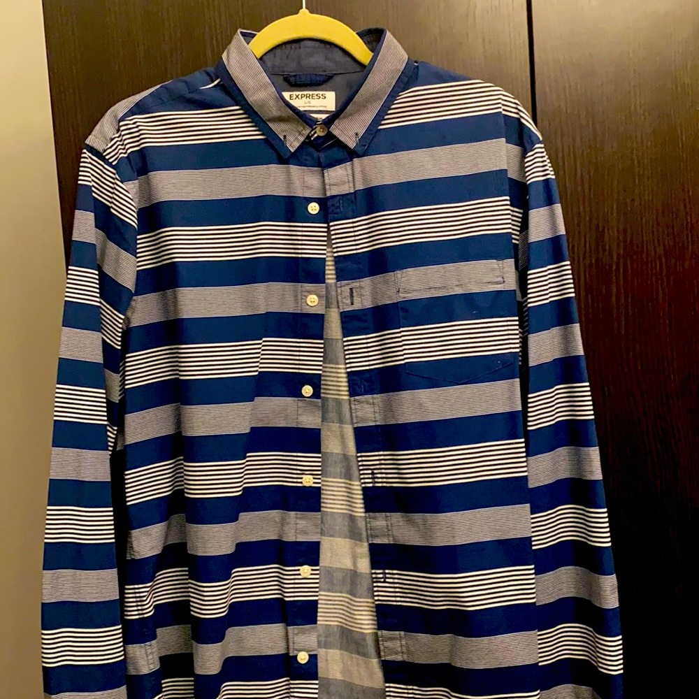 Express Shirt Large. No tags. Navy Blue, white and gray stripes.